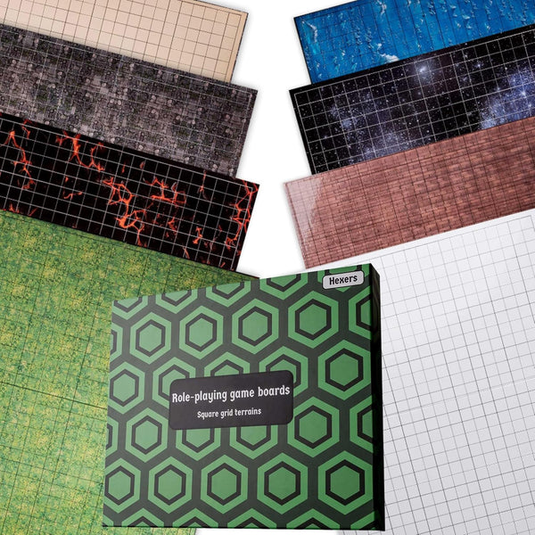 Hexers Role-playing Game Board Mat, Square Grid Terrains, 8 Different Terrains for Dungeons and Dragons RPG