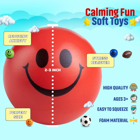 Bulk Mini Stress Balls (25 Pack) 2-3 Inch Soft Squeezable Fidget Toy Balls, Variety of Shapes & Colors for Kids Party