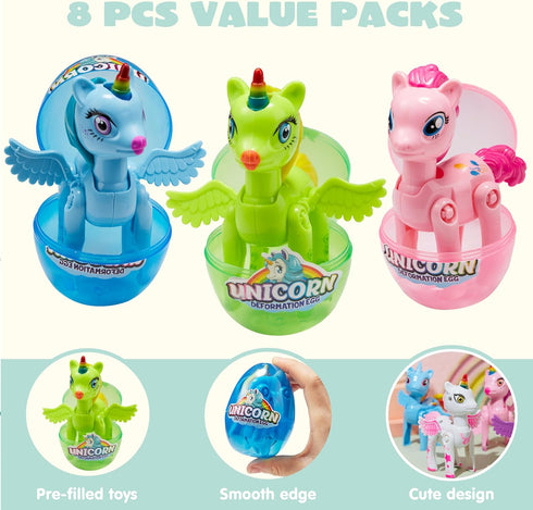 8 Pack 3.5" JOYIN Pre Filled Easter Egg with Unicorn Deformation Toys, Easter Party Favor for Girls Toddlers Kids Egg
