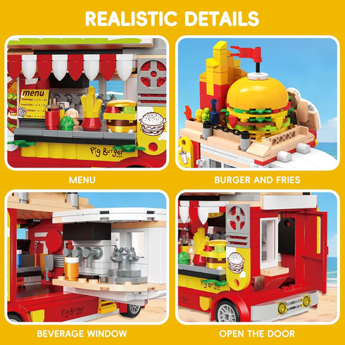 ecpoteny Set, 566PCS Playset 6+ Piggy Burger Truck Mini Building Creative Fast Food Truck City Car Toy, Imaginative