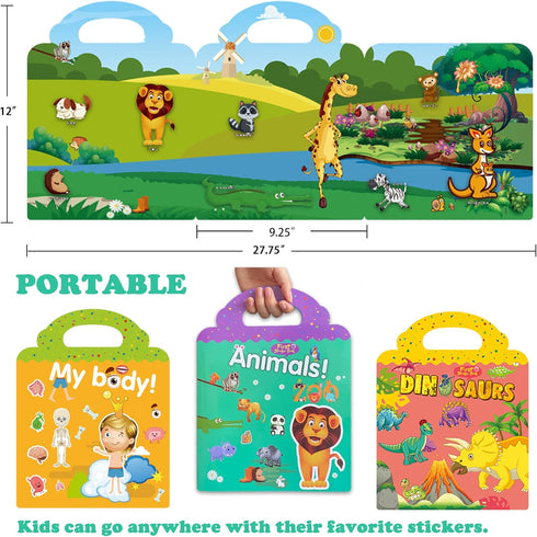 ZAKVOOR 3 Sets Reusable Sticker Books for Kids Toddlers, Educational Stickers Toy (Animals + Dinosaurs + My Body)