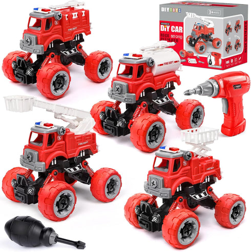 LUDILO 4PCS Fire Truck Toys for 3-5 Year Old Boys, DIY Assembly Take Apart Firetruck with Electric Drill, STEM Building
