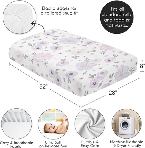 Sweet Jojo Designs Fitted Baby Crib Sheets (Purple/Grey Boho Floral) for Girls, Infant Nursery, Toddler Room - Standard