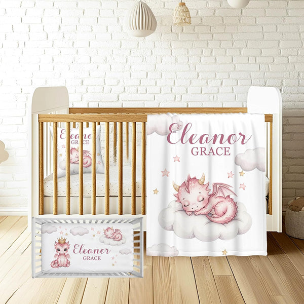 Workvalor Custom Baby Girl Crib Bedding Set Personalized 3-Piece Nursery Bedding with Dragon