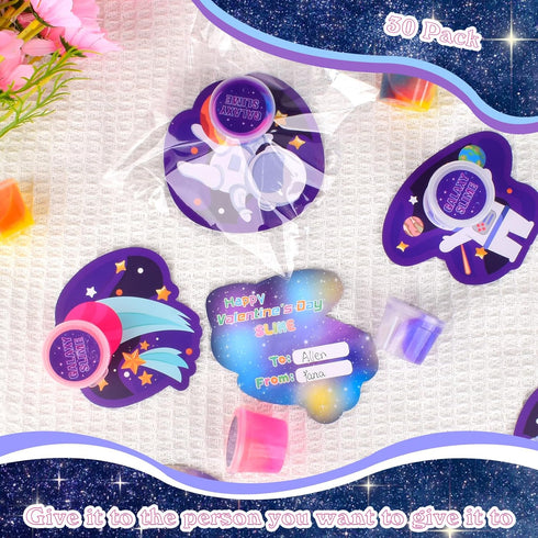 30 Pack tuupowana Valentines Day Gift Cards with Galaxy Slime Stress Relief Fidget Toy for Kids Party Favor, Classroom