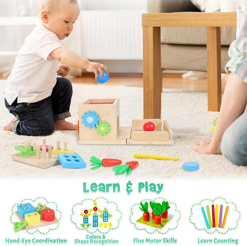 Wooden Montessori Baby Toys - 8-in-1 Play Kit with Shape Sorting, Stacking, Coin Box & More - Gift for Toddlers