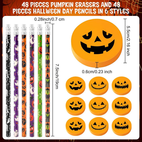 48 Pieces Halloween Pencils with 48 Pieces 3D Pumpkin Erasers Sets in Bulk for Kids Student Halloween Day Goodie Bags