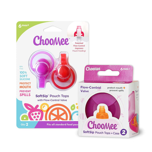 ChooMee SoftSip Food Pouch Tops, 4 Colors + Purple Case to Prevent Spills and Protect Child's Mouth