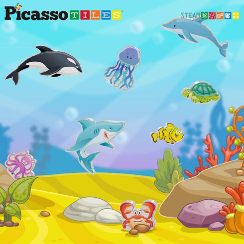 PicassoTiles Magnet Tile Building Blocks, 8 Marine Animal Action Figures Compatible Playset for Kids Toys
