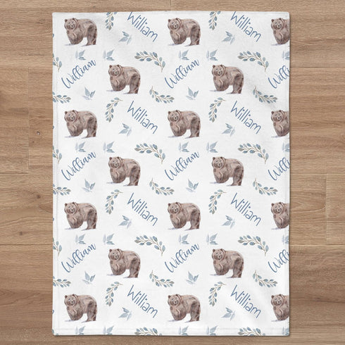 Custom Bear Baby Name Blanket Personalized Woodland Swaddle with Leaves Newborn &