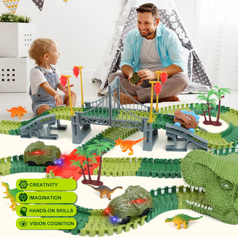 3 4 5 6 7 Set Dinosaur Track Toys for Kids - Best Birthday Gifts for Year Old Boys, Flexible Race Car Track with Light