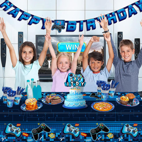 Video Game Rectangular Tablecloth, 3 Pcs Blue PE Plastic Disposable for Boys Gamer Birthday Party
