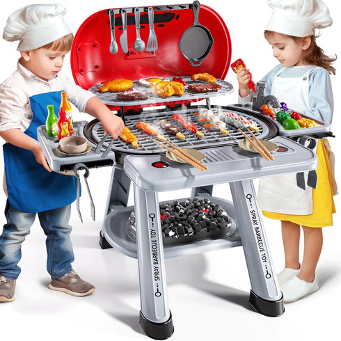 Playset 4-8, 3 4 5 6 7, 2-Layer Set, 3-5 Kids BBQ Grill for Kids Ages Play Kitchen Toys with Smoke & Light for Boys