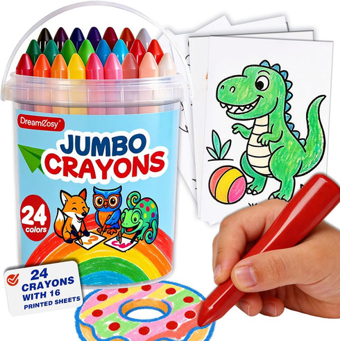DreamCosy Triangle Jumbo Crayons for Toddlers 1-3, 24 Colors Washable Crayons with 16