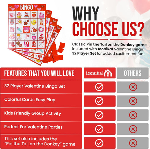 32 Set Iconikal Valentine's Day Player Bingo Game Classroom Group Activity Fun Interactive Learning School Plus Bonus