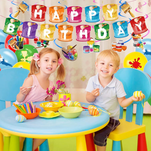 48 Pieces Art Birthday Party Supplies, Colorful Latex Balloons, Birthday Banner, Hanging Swirl Cake Cupcake Toppers for