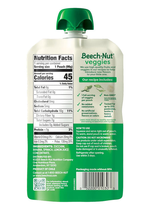 3.5 oz (12 Pack) Beech-Nut Baby Food Pouches, Zucchini Spinach & Banana Veggie Puree Baby & Toddler Food