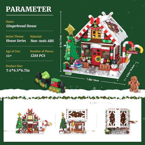 PleyWalden 12+ Set 1288Pcs Christmas Gingerbread House Building Block for Girls Age with LED Lights, Christmas Village