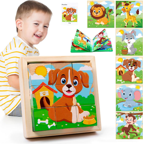 Wooden Animals Block Puzzles for Kids Ages 2-4 with Book, Educational Interactive Toys Gift for Boys and Girls