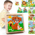 Wooden Animals Block Puzzles for Kids Ages 2-4 with Book, Educational Interactive Toys Gift for Boys and Girls