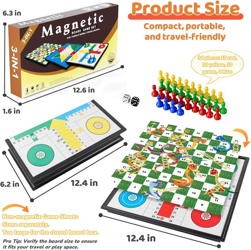 3 1 Set Set 12.4 Inches in Magnetic Board Games for Kids Adults - Classic Travel Game with Chinese Checkers, Ludo