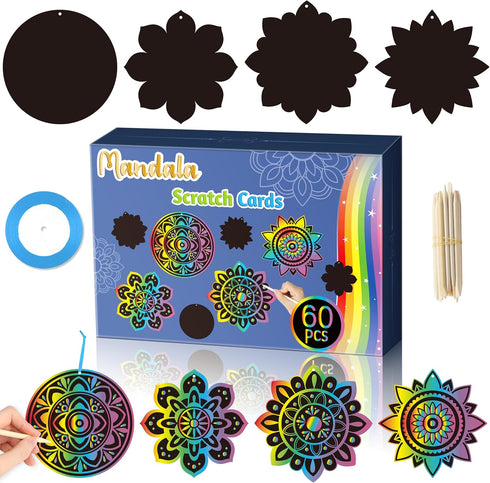 BeYumi 60Pcs Mandala Scratch Cards Gift Set, DIY Magic Scratch Off Paper Art Kit for Kids and Home Decor