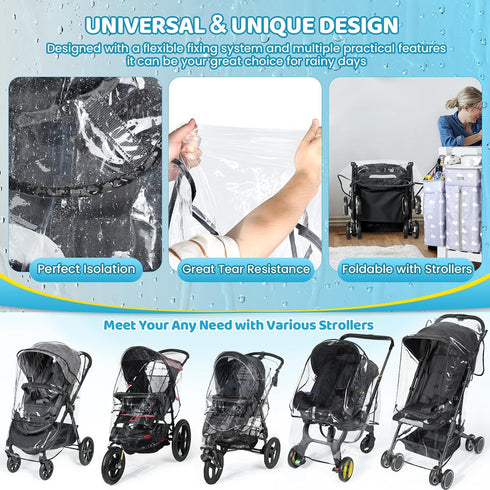 Universal Clear Stroller Rain Cover, No-zip Waterproof Cover, Food Grade EVA, Breathable Rain Shield for Single