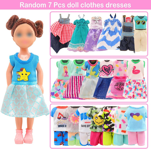 25 Pcs 5.3 Inch Doll Clothes Suitcase Accessories 4 Dresses 3 Tops and Pant Outfits 3 Swimsuits 1 Luggage 3 Shoes 11 Travel Accessories Glasses for 5.3 Inch Dolls(Doll NOT Include)