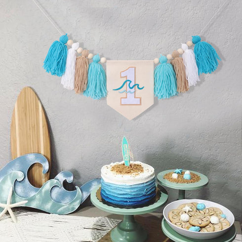 BASCT 1st Big One Surf High Chair Banner - Wave Birthday Decoration for Boys, Tassel Garland