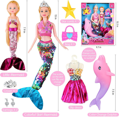 BYCICI Set 4-7 Summer Magical Mermaid Dolls for Girls - Princess Twin Dolls with Color-Changing Purple Dolphin, Outfits