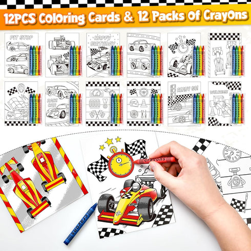 SNLN Race Car Party Favors Birthday Goodie Bags Supplies, Mini Race Car Trophy Cup Coloring Card with Crayon Gift Box