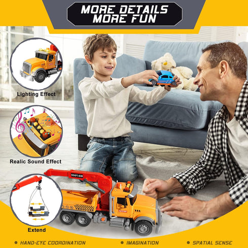 15" Big Truck Toys Set, Include Tow Truck, Racing Car, Metal Off-Road Car, Traffic Signs, Sound and Lights
