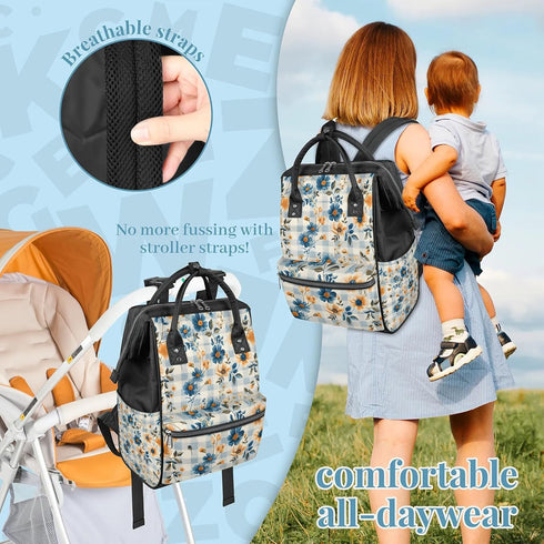 Honeybaby Backpack 19L Diaper Bag for Mom & Dad Checkered Background Flowers Large Diaper Bag Tote with Multi-Pocket