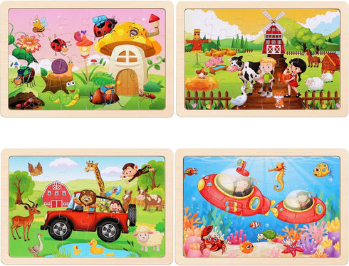 Wooden Puzzles Toys for Kids Ages 3-5 - Set of 4 Packs with 20-Piece Farm Animal Theme Jigsaw Puzzles
