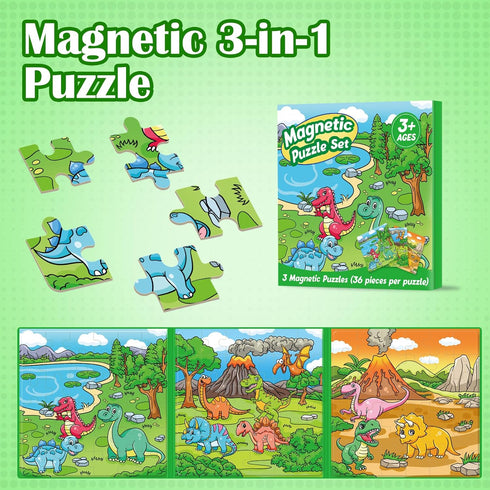 Magnetic Puzzles for Toddlers 3-5,36 Pieces Dinosaur Toys for Kids,Airplane Car Road Trip Activities for Kids 3 4 5 6 Year Old Travel Toys for Boy Girl,Learning Educational Games Magnet Toys