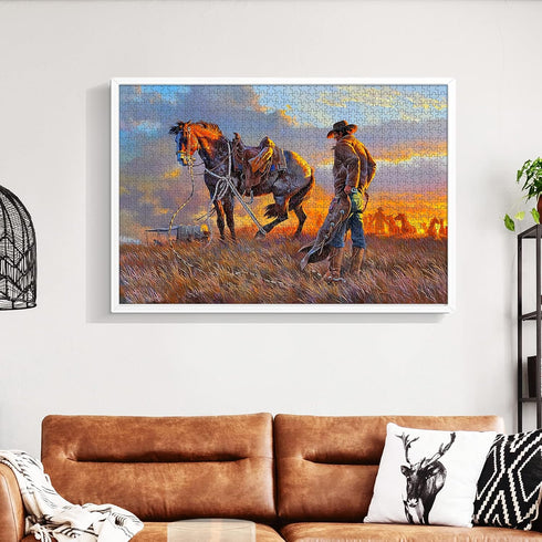 najiaxiaowu Wooden 1000 Pieces Jigsaw Puzzles for Adults, Western Cowboy Rider Prairie Wind Flower Puzzle