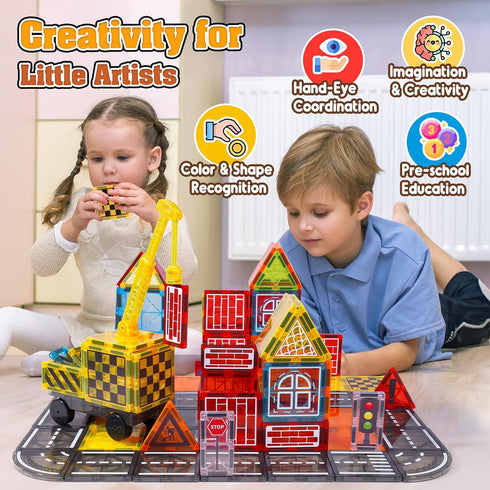 Magnetic Tiles Kids Construction Toys - Road Set with Magnet Crane for Boys Age 3-10, Building Blocks Expansion Pack
