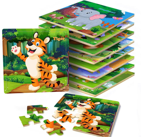 16 Piece Colorful Wooden Puzzles for Kids Ages 3-5, Educational Toys for Boys and Girls (9 Puzzles)