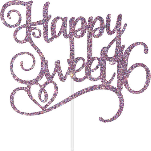 Happy Sweet 16 Cake Topper - Sweet 16 Birthday Decorations for Girls/Boys in Purple Glitter