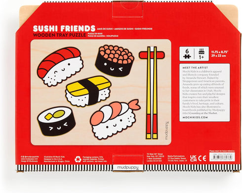 Mudpuppy Sushi Friends: Wooden Tray Puzzle with 6 Sushi Shaped Pieces