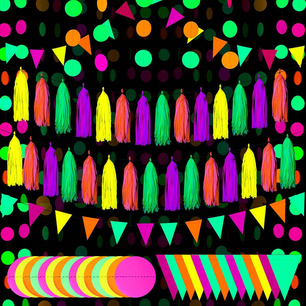 88 Pcs Glow Neon Party Supplies, Including Neon Paper Garland, Paper Tassels Garland, Triangle Flags for Birthday
