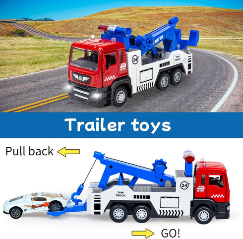 Tow Truck Toys with 2 Mini Toy Cars Set - Pull Back Truck Vehicles with Lights and Sound for Boys 3-9 Years Old