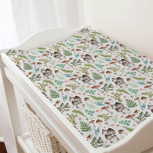 Woodland Mushroom Forest Changing Pad Covers, Watercolor Green Leaves Diaper Sheets for Boy Girl, Soft 32''x16''