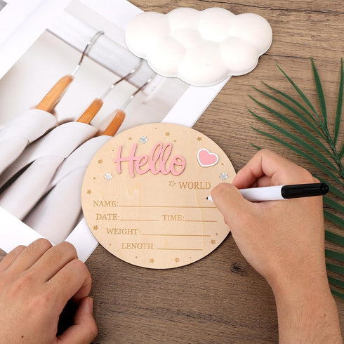 lasuroa Baby Announcement Sign, Wooden Hello World Newborn Signs Cute Welcome Baby Name Board for Boys Girls Hospital