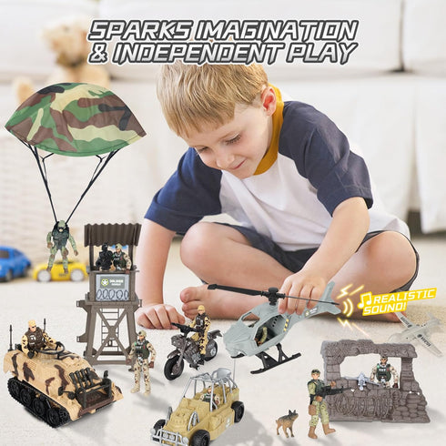 Playset Army Toys, Kids Military Battle with Army Men Action Figures, Army Vehicles, Tank, Truck, Boat, Motorcycle