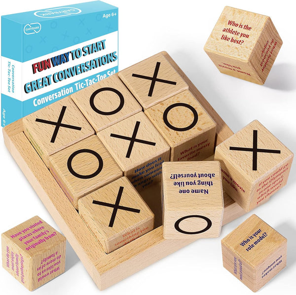 Conversation Cubes with Tic Tac Toe Game - Wooden Block for Family Game Night and Therapy Icebreaker