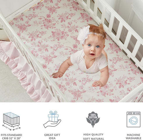100% Country Brandream Organic Crib Fitted Sheets for Baby Girls, Grandmillennial Fitted Crib Sheet for Standard Crib