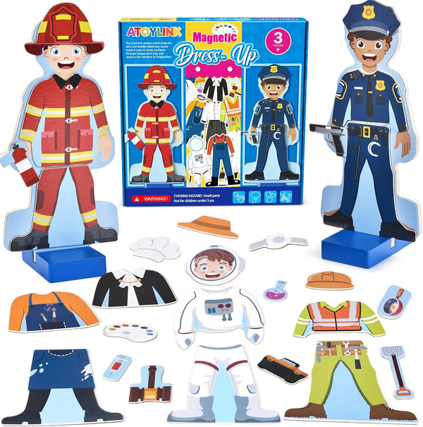 Atoylink Wooden Magnetic Dress Up Dolls Pretend Play Set, 40+ Pcs Occupations Community Helpers for Toddlers
