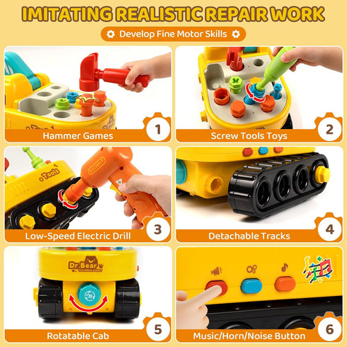 2 Set, 2 3 Toys for Year Old Boys, Toddler Tool Excavator Take Apart Toys with Electric Drill, Screwdriver, Wrench