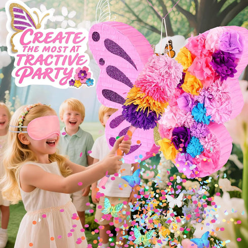 27" Pink Butterfly Pinata for Girls Birthday, Dreamy Floral Party Supplies with Stick, Blindfold & Confetti - Sturdy